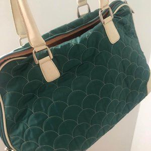 80s vintage DVF quilted bag green nylon and white faux scales leather
